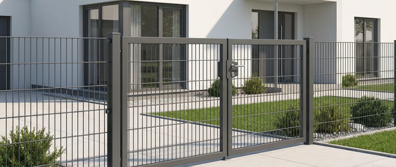 Anthrazitfarbener Doppelstabmattenzaun mit zweiflügeligem Gartentor.