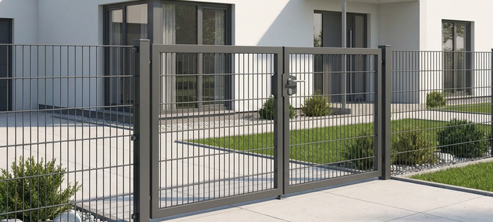 Anthrazitfarbener Doppelstabmattenzaun mit zweiflügeligem Gartentor.