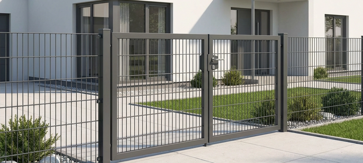 Anthrazitfarbener Doppelstabmattenzaun mit zweiflügeligem Gartentor.
